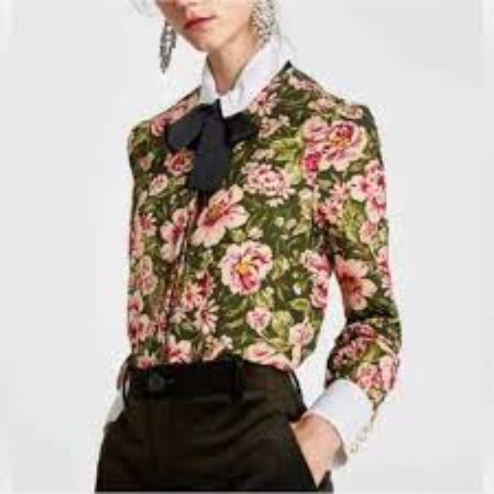 Zara Floral Blouse with White Collar and Pearl Buttons